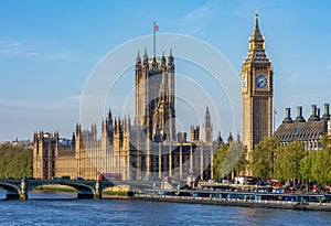 Big Ben with Houses of Parliament and Westminster bridge, London, UK