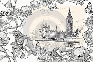 Big Ben and Houses of Parliament, Westminster, London. Seamless pattern with flowers. Vector