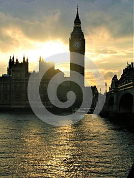 Big Ben, light, landmark, sunset, touristic attraction and romantic atmosphere in London city, England