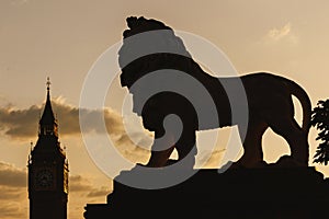 Big Ben and Lion Statue Silhouette at Sunset