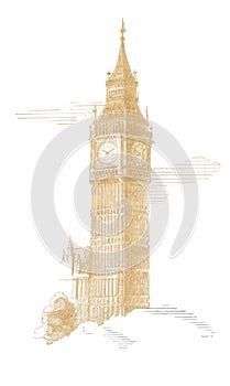 Big Ben, London. Big Ben, London. Graphic linear tonal drawing by slate pencil. Sepia, toned paper.