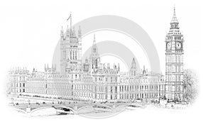 Big Ben London England Hand Drawn Illustration. Isolated on white background. Historical showplace for print, souvenirs, po photo