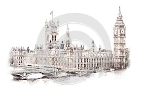 Big Ben, London, England, UK. Hand Drawn Illustration. Isolated