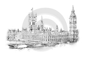 Big Ben, London, England, UK. Hand Drawn Illustration. Isolated on white background. Historical showplace for print, souvenirs, po photo