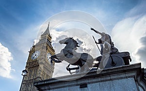Big Ben, London, United Kingdom - A view of the popular landmark with the statue of Boadicea, the clock tower known as Big Ben