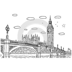 Big Ben in London vector illustration sketch doodle hand drawn with black lines isolated on white background
