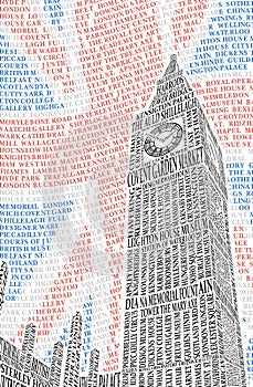 Big Ben of the names of London attractions. Vector