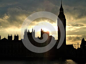 Big Ben, light, landmark, sunset, touristic attraction and romantic atmosphere in London city, England