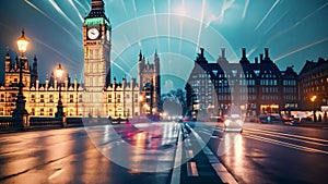 Big Ben at night, London, UK. Long exposure shot, Big Ben and the Houses of Parliament at night in London, UK, AI Generated