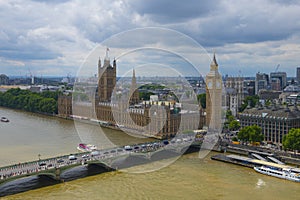 Big Ben and the Palace of Westminster aerial view, London, UK