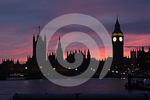 Big Ben, Palace of Westminster and the bridge in London at sunset, UK