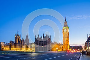 The Big Ben with the Parliament from Westminster Bridge at blue hour, London, UK