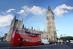 Big Ben with red bus in London, UK