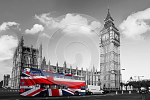 Big Ben with red bus in London, UK