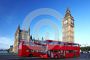 Big Ben with red bus in London, UK