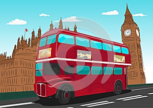 Big Ben with red double-decker bus in London, UK