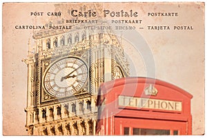 Big Ben and a red english phone booth in London, UK, collage on sepia vintage postcard background, word postcard in severa