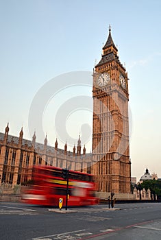 Big Ben & Speeding London Bus in Early Morning