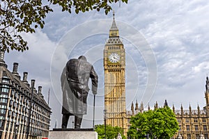 Big Ben and statue of Winston Churchill