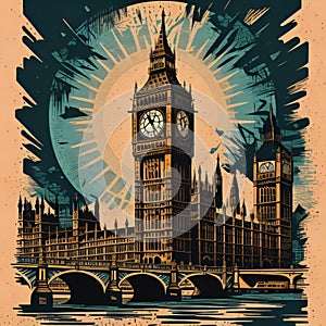 Big Ben in the style of a woodblock print