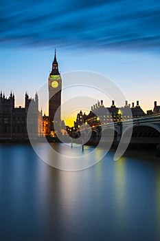 Big Ben after sunset at Westminster in London