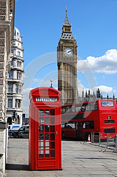 Big Ben, telephone box and double decker bus in London