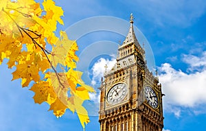 Big Ben tower of Houses of Parliament in autumn, London, UK