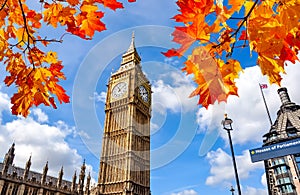 Big Ben tower of Houses of Parliament in autumn, London, UK