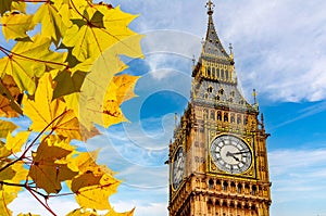 Big Ben tower of Houses of Parliament in autumn, London, UK