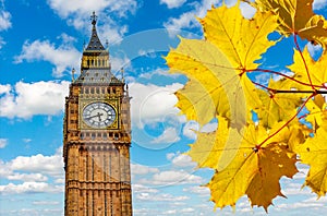 Big Ben tower of Houses of Parliament in autumn, London, UK