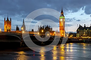 Big Ben tower and Houses of Parliament at night, London, UK