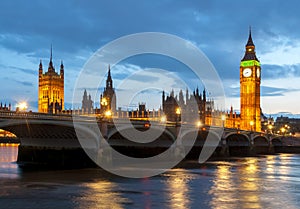 Big Ben tower and Houses of Parliament at sunset, London, UK