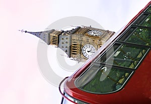 Big Ben tower and red bus - London