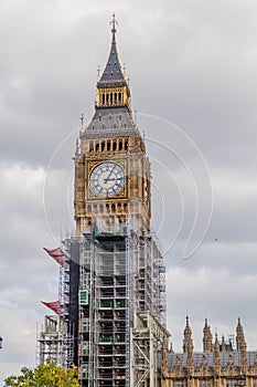 Big Ben tower under scaffolding, London, United Kingd