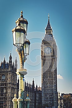 Big Ben tower and Westminster street lamp, London, UK