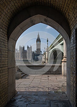 Big Ben from the tunnel entrance under Westminster Bridge London