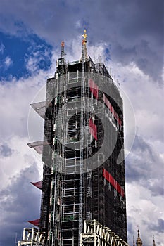 Big Ben under renovation scaffolding London, 2020