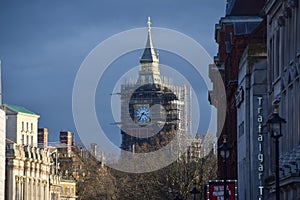 Big Ben under renovation with scaffolding, London, UK