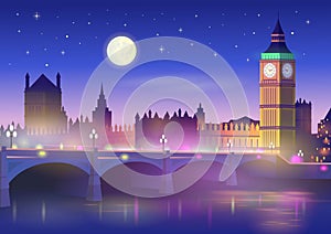 Big Ben and westminster bridge in London at night. Vector illustration in cartoon style