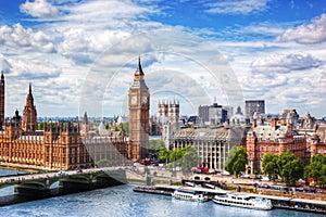 Big Ben, Westminster Bridge on River Thames in London, the UK. Sunny day