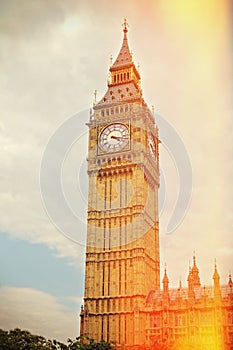 Big Ben in Westminster, London, UK. Retro filter effect