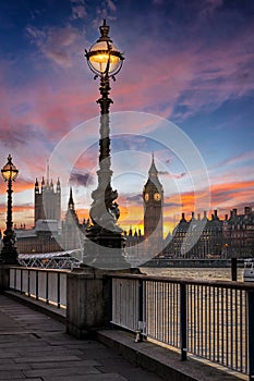 The Big Ben and Westminster in London, United Kingdom, just after sunset