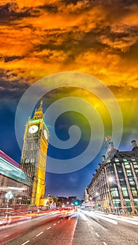 Big Ben and Westminster Palace colors at sunset, London