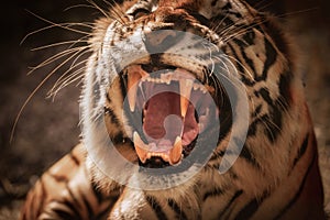 Big bengal tiger growls mouth closeup angry style