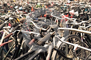 Big bicycle parking with lot of bicycles. Sport concept with bicycle. Pile of bikes in the street
