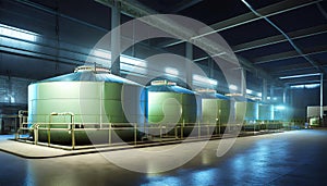 Big Biodigesters tanks inside clean industrial facility. Generative AI image.