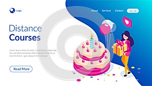 Big birthday cake isometric concept. Happy girl with a gift in hand celebrates the holiday. Can use for web banner