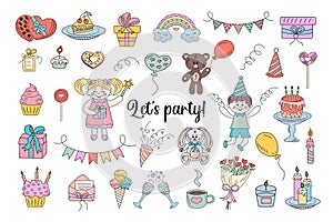 Big birthday celebration doodle clipart set. Hand drawn icons collection.