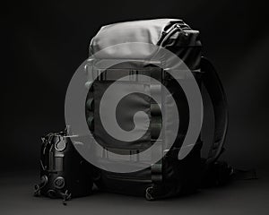 Big black backpack filled with stuff. Little plastic container is at rucksack. Black backdrop. Generative AI