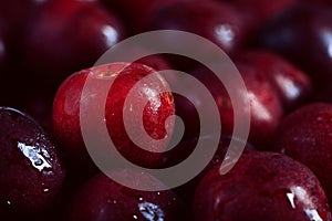 Big black berry macro photo against many blurred sweet cherries background